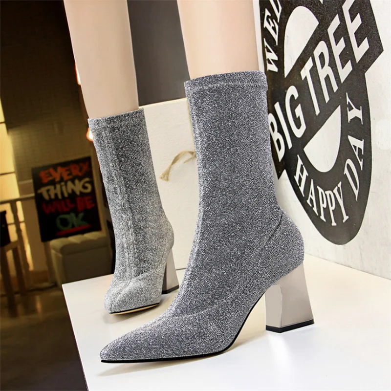 

MoBeiNi autumn and winter sexy thin nightclub short tube women's boots thick with high-heeled pointed sequin cloth shiny booties