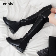 ENNIS/брендовые черные ботфорты выше колена; женские эластичные сапоги до бедра на квадратном каблуке; осенне-зимняя обувь из натуральной кожи; большие размеры; L759