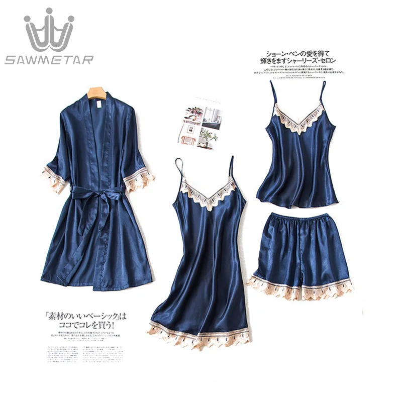 

Summer Pajamas 4 Pieces Sets Women Silk Pyjamas Lady Satin Sleepwear Nightwear 2019 New Style Home Clothing Home Wear For Women
