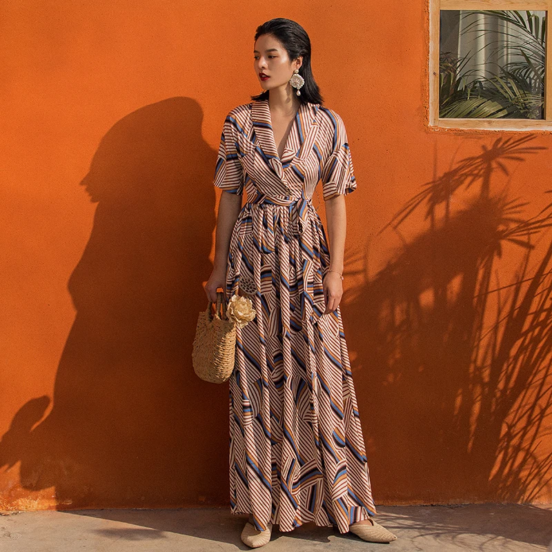 

VERRAGEE vintage dress women dresses summer 2019 plus size holiday beach dress Bohemia maxi pink Striped Dress v neck