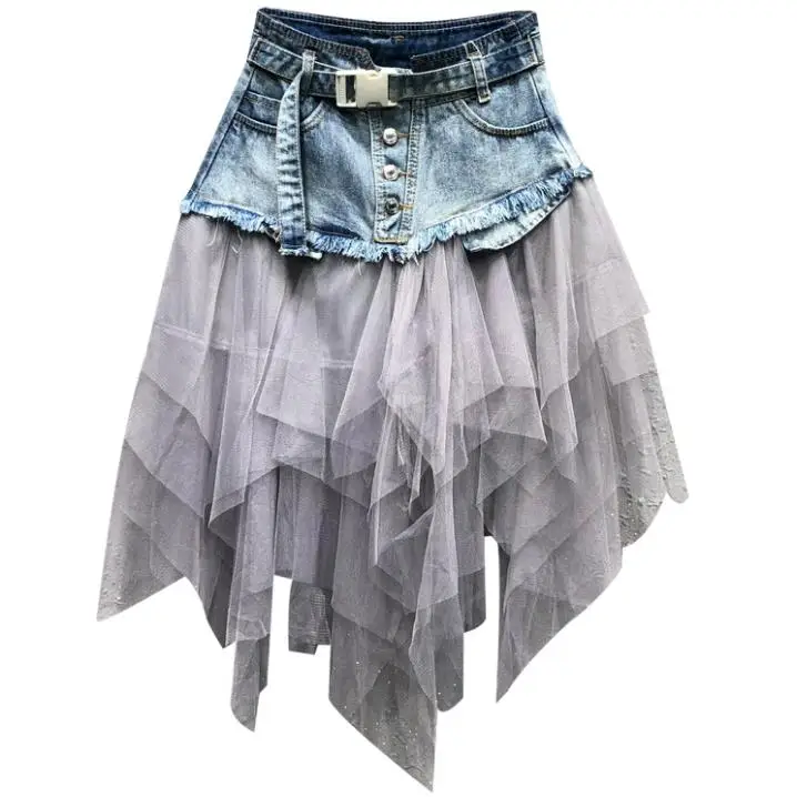 Модная женская джинсовая юбка размера плюс, лето, Новое поступление, Джинсовая юбка трапециевидной формы в стиле пэчворк