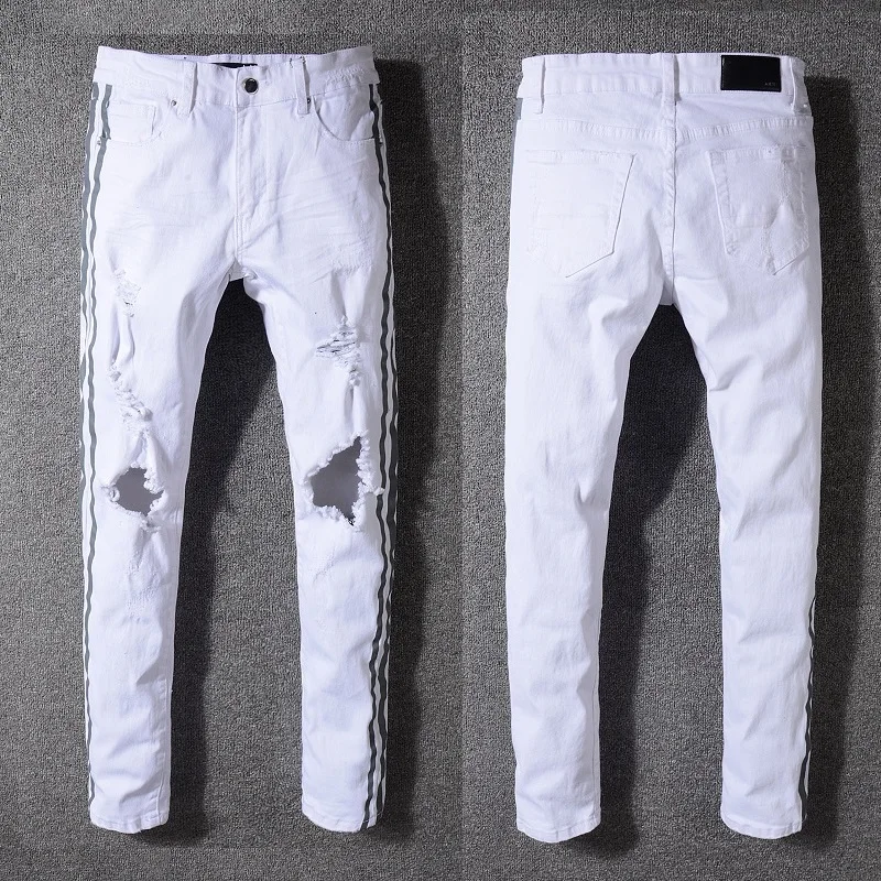 

New Italy Style #5342# Men's Distressed Hollow Out Mix Grey Sides White Denim Skinny Jeans Slim Trousers Causaul Pant Size 28-40