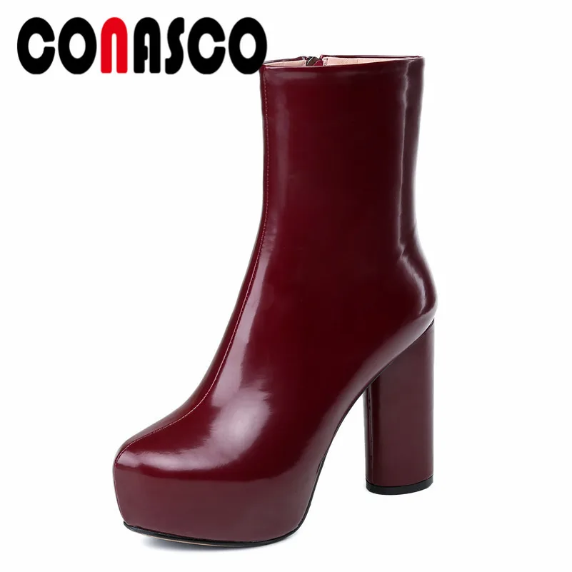 

CONASCO Sexy Punk Women Mid-calf Boots Patent Leather Square Heeled Platforms Warm Autumn Winter Shoes Woman Long High Boots