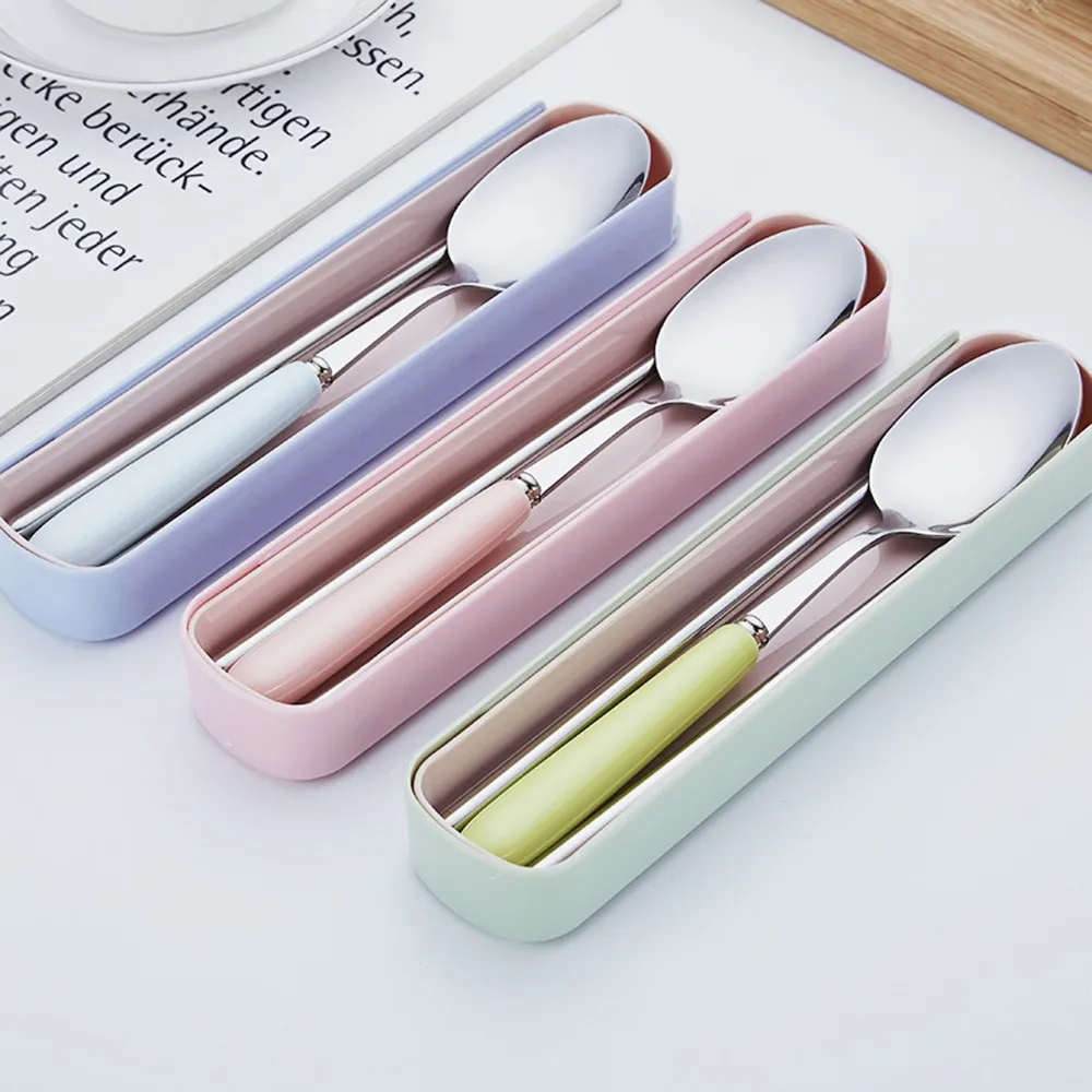 

Student Stainless Steel Spoon Set Tableware Flatware Cutlery Scoop Chopsticks Box Portable Organzier Gadgets Kitchen Accessories