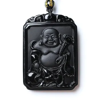 

Koraba Fine Jewelry Clin-yy Natural Obsidian Miley Buddha Maitreya Safe and Rich Amulet Pendant Necklace Free Shipping