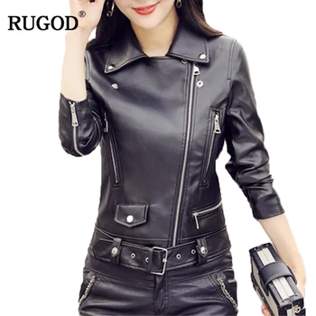 

RUGOD 2019 New Fashion Female Leather Coat Moto&Biker Style Zipper Turn-down Collar Sashes Long Sleeve Trench Coat For Women