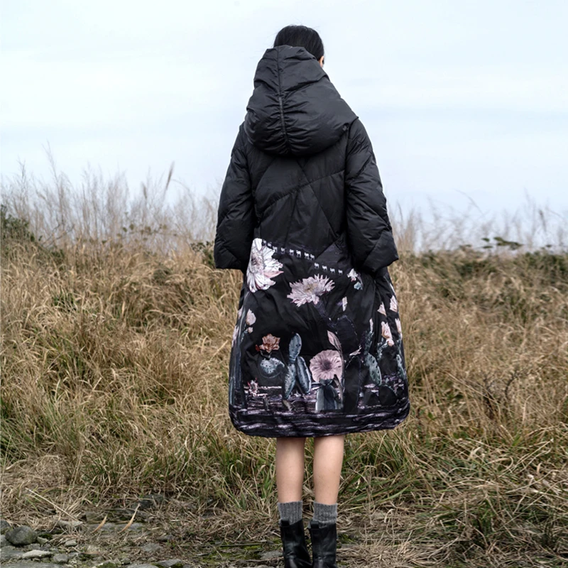 Koop Winter Jassen Vrouwen 90% Witte Eendendons Print kleurrijke Parka met Capuchon Jassen Lange Down Warm Casual Sneeuw Uitloper