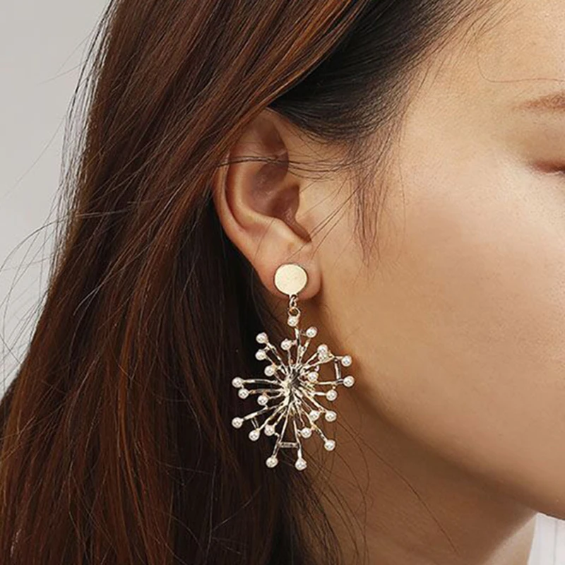 Bohemian Style Pearl Earrings New Korean Version Of Snowflake Metal Pendant Women's Elegant Charm Jewelry | Украшения и