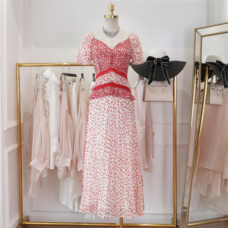 

TOP QUALITY Stylish 2019 Runway Dress Women's Short Sleeve Dot Print Pleated Mid-calf Dress