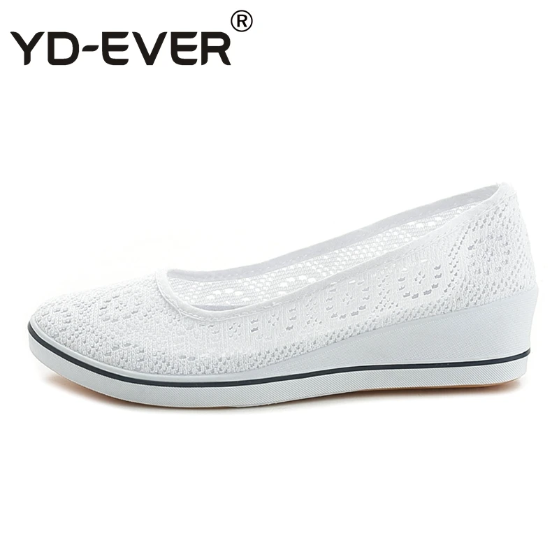 

YD-EVER Canvas nurse shoes Solid lace hollow summer Women Platform Casual Shoes Women Flat Bottom Women wedge shoes plus size