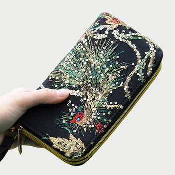 

2018 Fashion Golden Phoneix Embroidered Zipper Long Wallet Ladies Flower Luxury Brand Money Bag Coin Purse Black Card Holder
