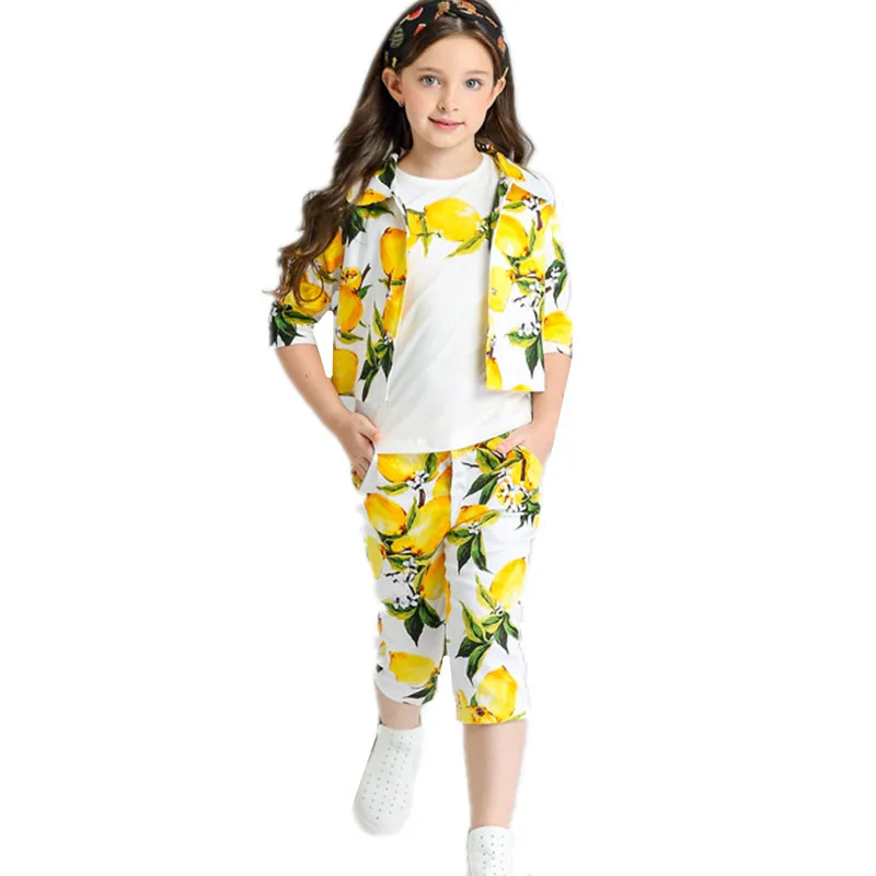 

Lovely spring girls lemon jacket +cotton t shirt + casual trousers 3pcs set fashion autumn cool princess party clothing 17J701