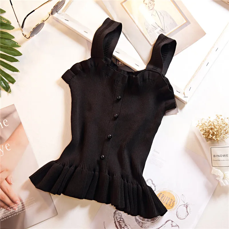 Sexy Stretchable Knit Slash Neck Crop Ruffles Cami Tops Summer Style 2018 Vogue Women Sexy Spaghetti Strap Camisole Tank Shirt Tops