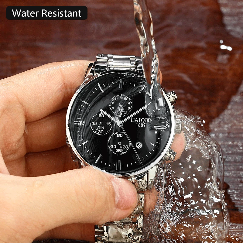 HAIQIN Лидирующий бренд кварцевые мужские часы бизнес простые черные стальные часы водонепроницаемые нарядные часы для мужчин отображение даты подарок Reloj hombres