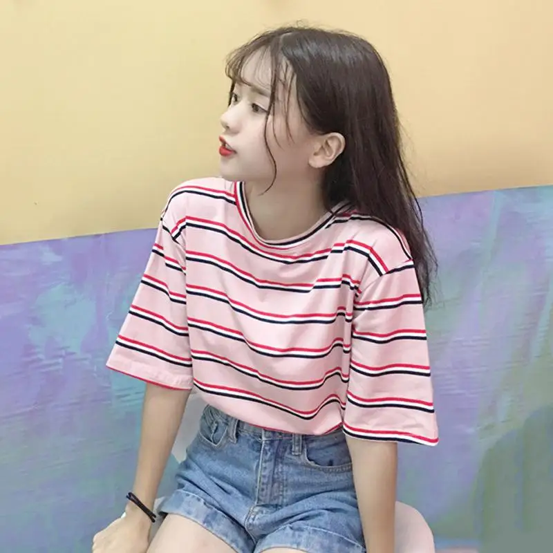 Yfashion летние полосатые футболки женские новые женские модные розовые полосатые свободные хлопковые футболки с принтом футболки для женщин
