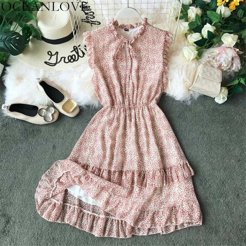 

OCEANLOVE Bow Lace Up Print Chiffon Dress Sleeveless Floral 2019 Summer Women Dress A-line Korean Vestidos De Fiesta 11747