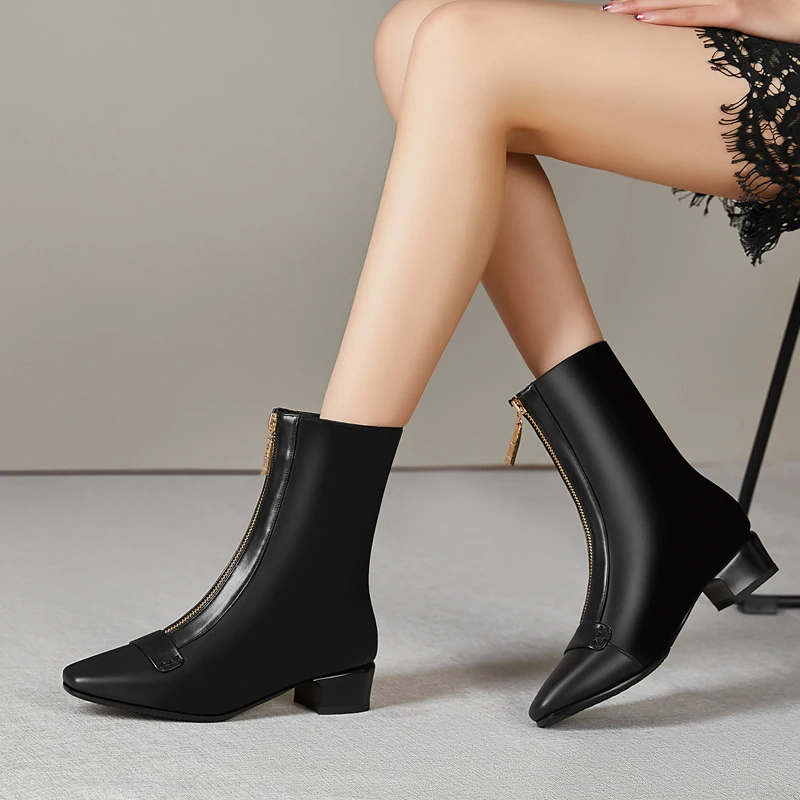 

Cow Leather Ankle Boots for Women Square Heels Med Heels Thigh High Boots Warm Fur Motorcycle Booties Shoes Woman Black Botas