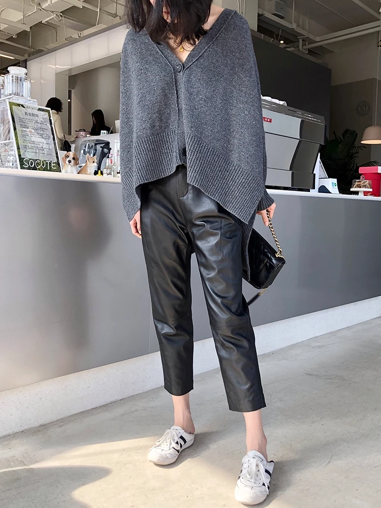 Women Ankle-Length Pants Genuine Sheep Leather Fashion Natural Genuine Sheep Leather Crop Jeans Harem Pants