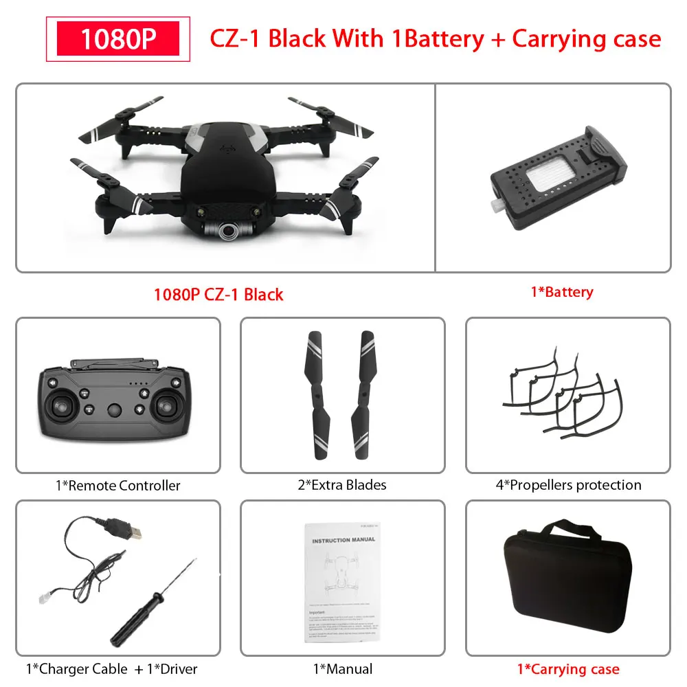 Новейший CZ-1 Радиоуправляемый Дрон с оптическим потоком с WiFi FPV 1080P HD Двойная камера воздушная видео RC Heclicopte самолет Квадрокоптер Vs SG106 - Цвет: CZ-1 Black 1B Case