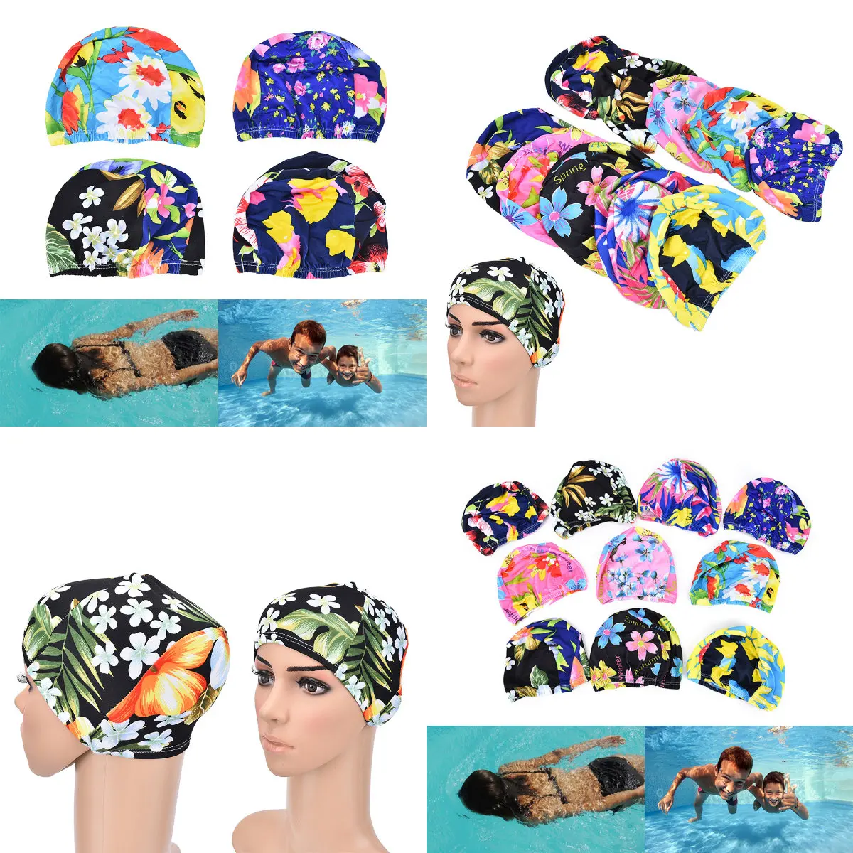 Женская шапочка для плавания с цветочным принтом, шапка для плавания с рюшами, шапка для плавания с длинными волосами, шапки с защитой ушей для бассейна