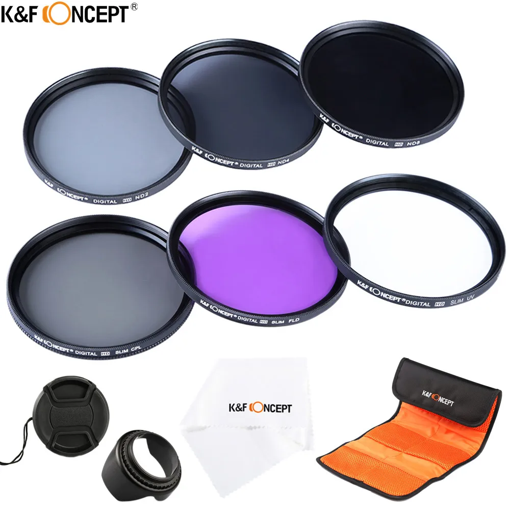 

K&F CONCEPT 55mm Slim UV CPL FLD ND2 ND4 ND8 Neutral Density Filter Kit+Lens hood/Cap/Pouch for Sony A55 A55 A57 A65 DSLR Camera