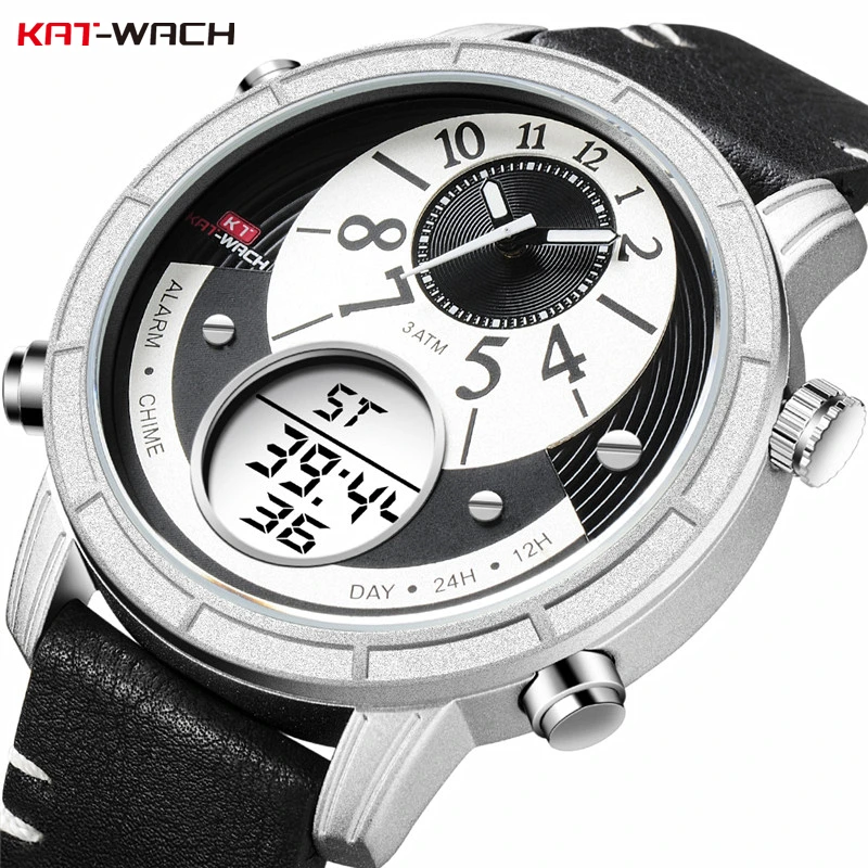 

KAT-WACH Original Men LED Analog Digital Watch Creative Design Mens Watches Military Sport Leather Waterproof Wristwatch Relogio