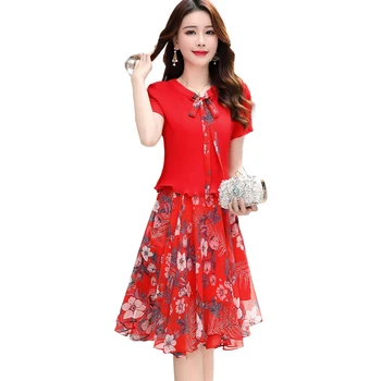 

2019 Summer Women Floral Print Butterfly Sleeve 2 Pcs Dress Female Bow Tie Casual VestidoS Lady Elegent Ruffles Mid Dresses Z60