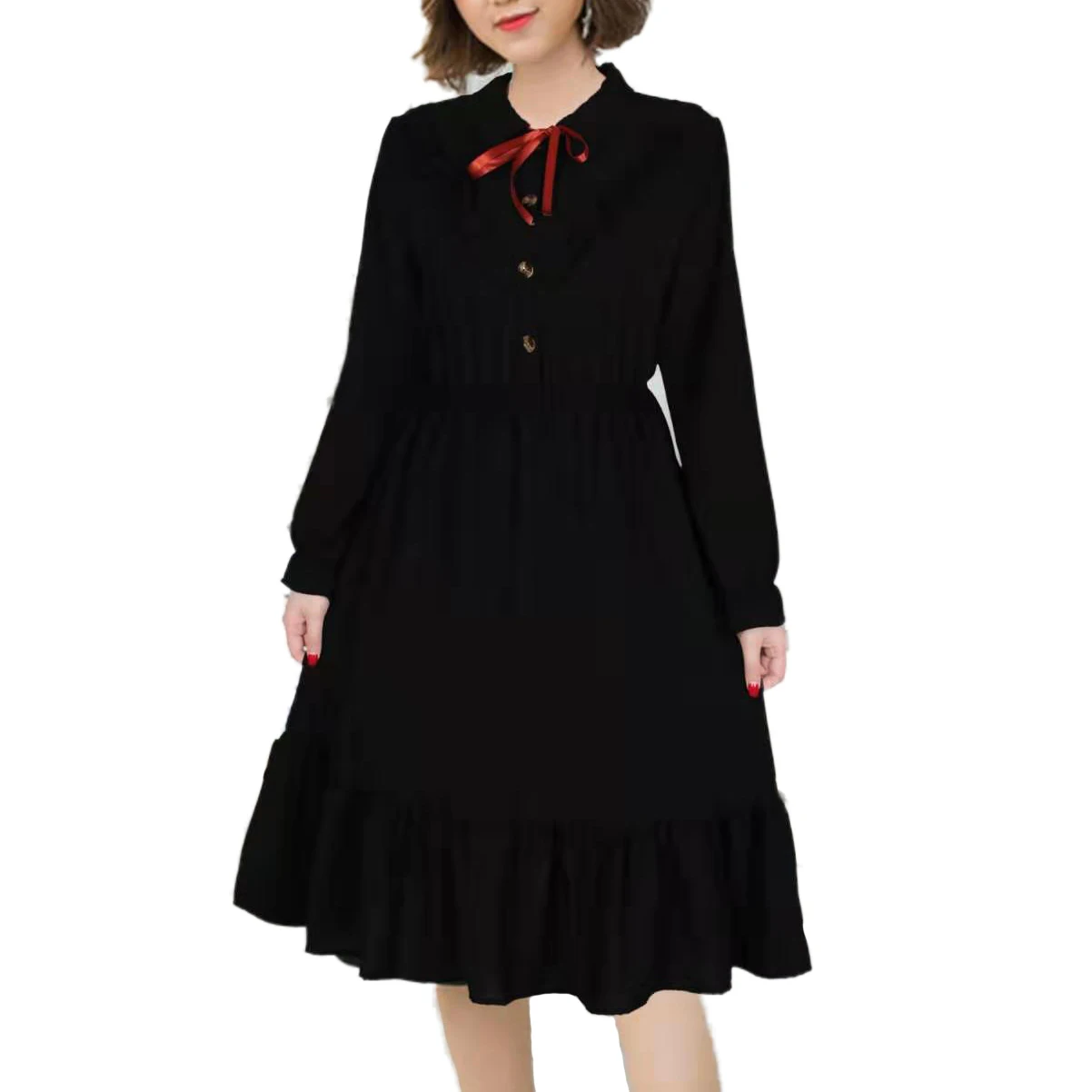 

2019 Russian Spring Summer New Thin Sweet Women's Dress Long-sleeved Casual Slim Ruffled Lapels Tie Lace-up Bow Dresses 4 Colors