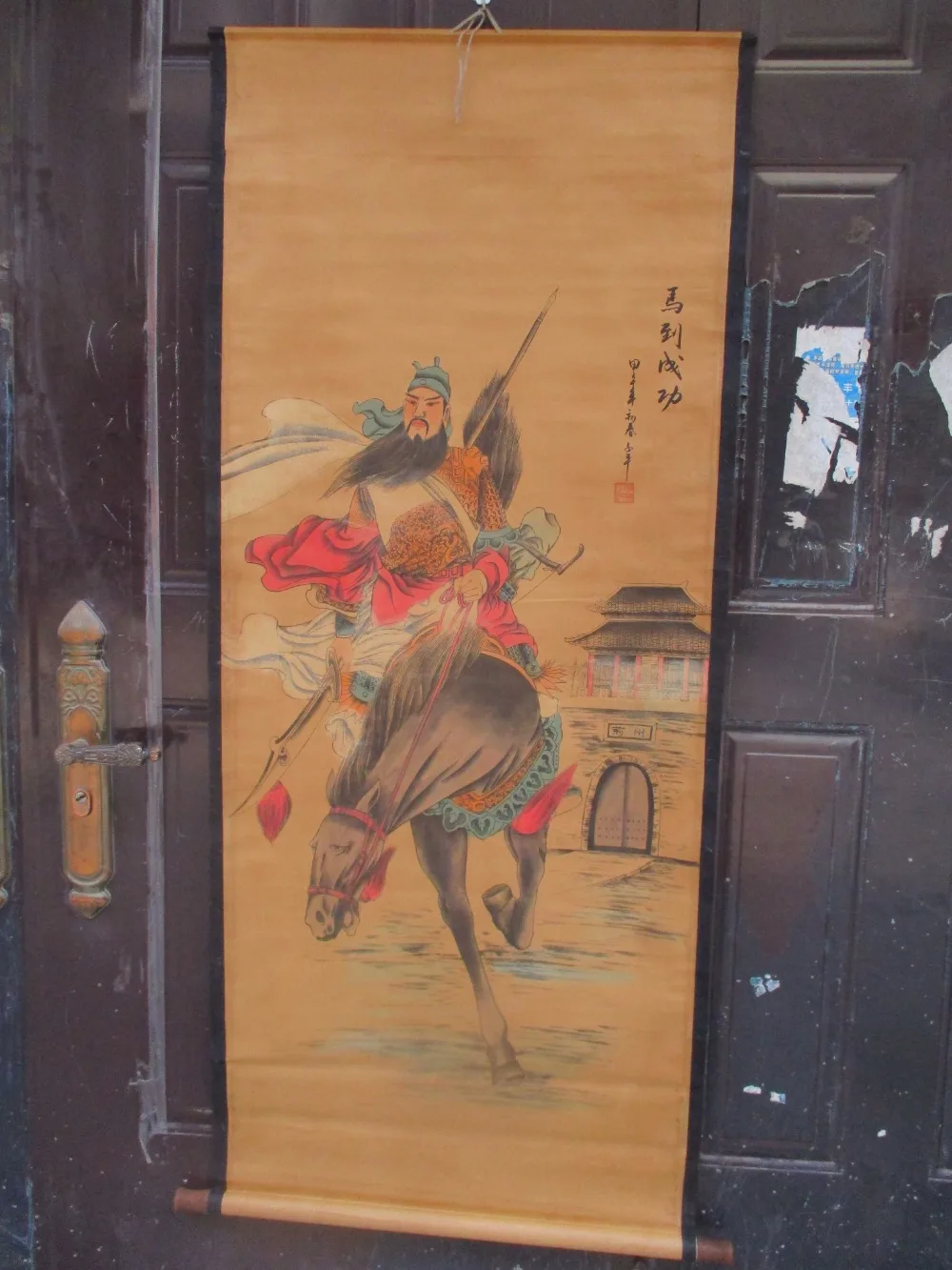 Discount  Collection Home wall decoration painting Chinese old paper scroll painting "Guangong Riding a horse