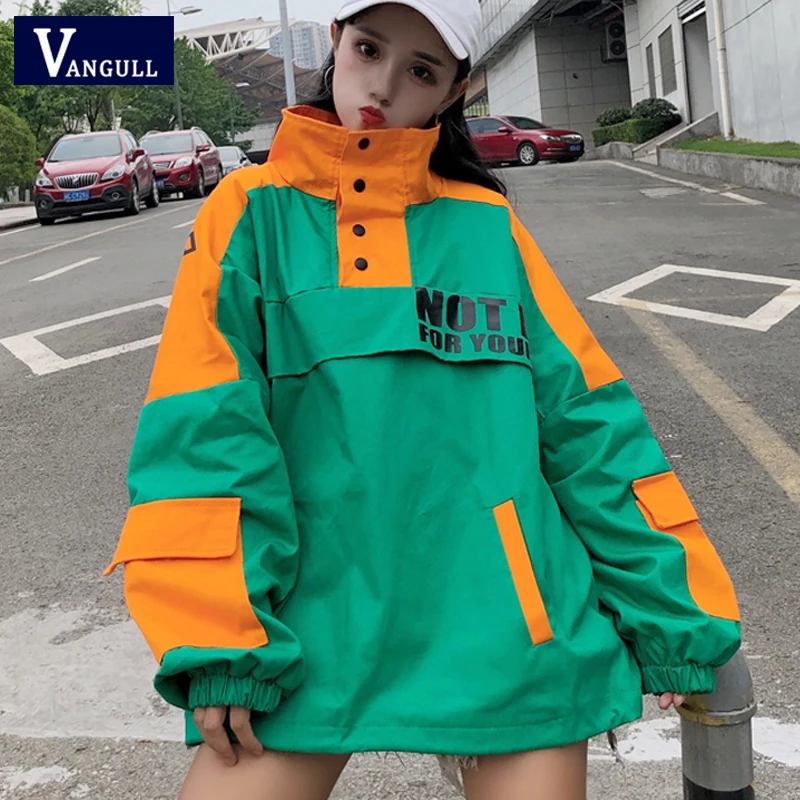 

2019 Spring Autumn Fashion New Women Color Matching Jackets Female Loose Patchwork Tops Pocket wild Letter Print Outerwears