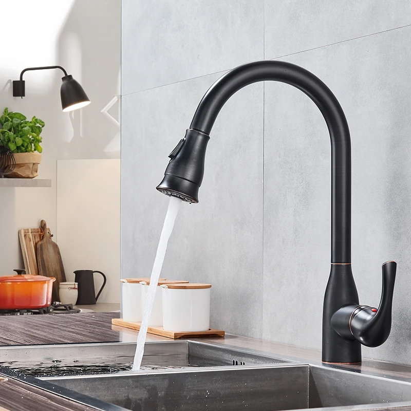 Quyanre Lead Free Black Nickel Pull Out Kitchen Faucet 2 Way Pull