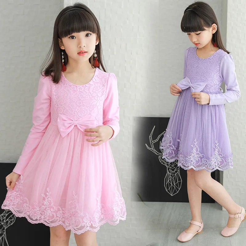

Girl Kids Lace Dress Bowknot Long Sleeve Dresses Pink Purple Flowers Princess Candy Cute Dress 4-14 Years Girl Fille Ball Gown