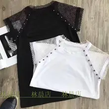 Европа Весна Топ Новинка года женский прозрачное Сетчатое из бисера сетки свободные футболки Элитный бренд