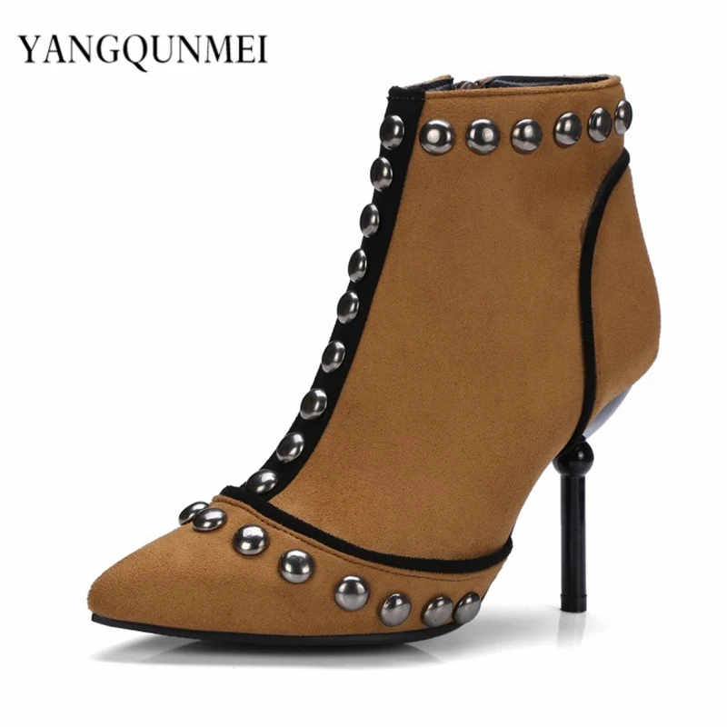 

Boots Flock 2017 new Pointed rivet Woman's shoes big 44 45 46 47 40 41 42 43 high heel 9CM EUR Size 32-48
