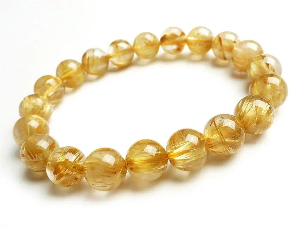 

Genuine Natural Gold Rutilated Quartz Crystal Woman Man Titanium Wealthy Stone Round Beads Bracelet 10mm Jewelry Bangle AAAA
