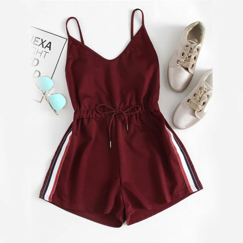 

Fanco Striped Tape Romper Summer Beach Wear Women Sleeveless Playsuits Burgundy Spaghetti Strap Drawstring Romper