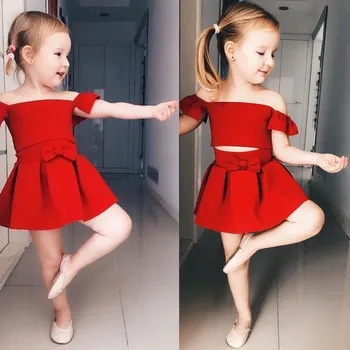 

Newborn Kids Baby Girls clothes short sleeve pullover Off Shoulder Tops solid Bow Skirts 2pc Toddler cotton casual Outfits