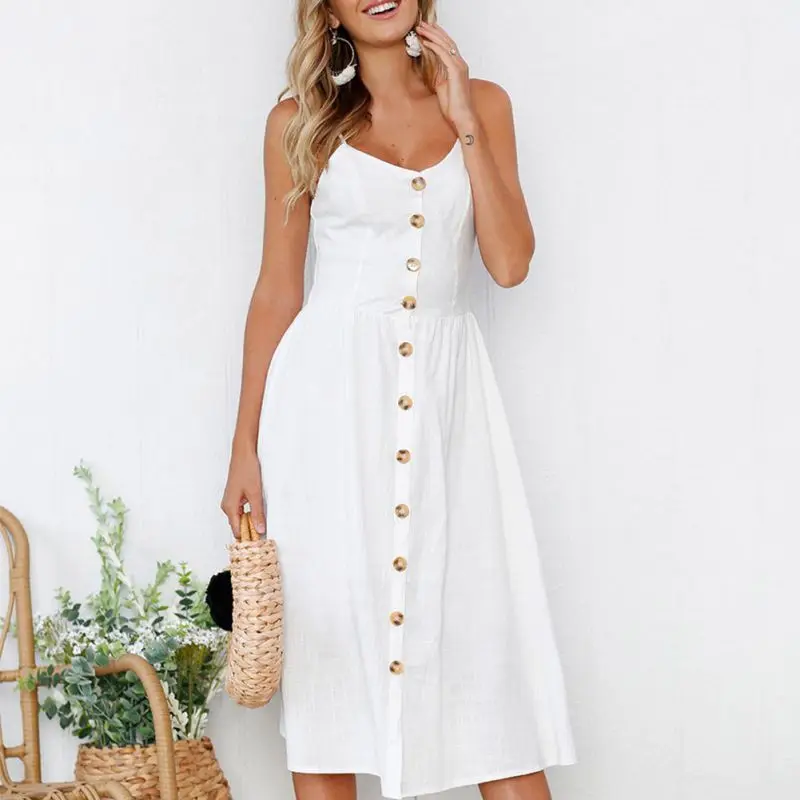 

Sexy V Neck Backless Women Summer Beach Dress Button Decoration Party Midi Spaghetti Strap Dresses