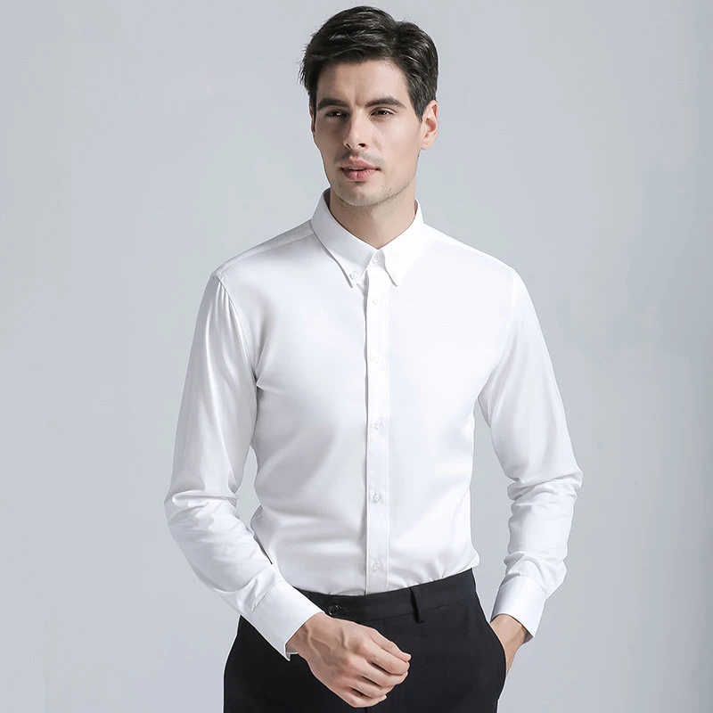 Брендовые новые мужские рубашки Формальные с пряжкой воротник хлопок смесь рубашки модные однотонные с длинным рукавом бизнес костюмы рубашки белый - Цвет: White
