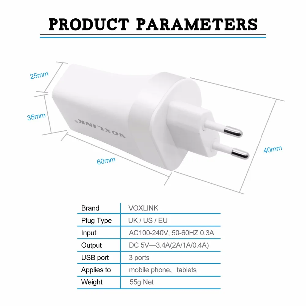 VOXLINK 3 порта USB зарядное устройство 5 в 2,4 А портативное мини USB настенное/дорожное зарядное устройство с 1 м кабелем для samsung Xiaomi huawei зарядное устройство для телефона