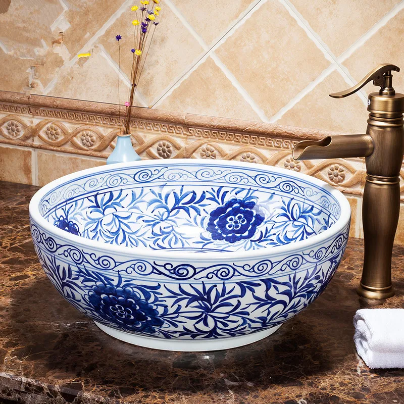 Blue And White China Artistic Handmade Ceramic wash basin Lavobo Round Counter top ceramic wash basin bathroom sinks (1)