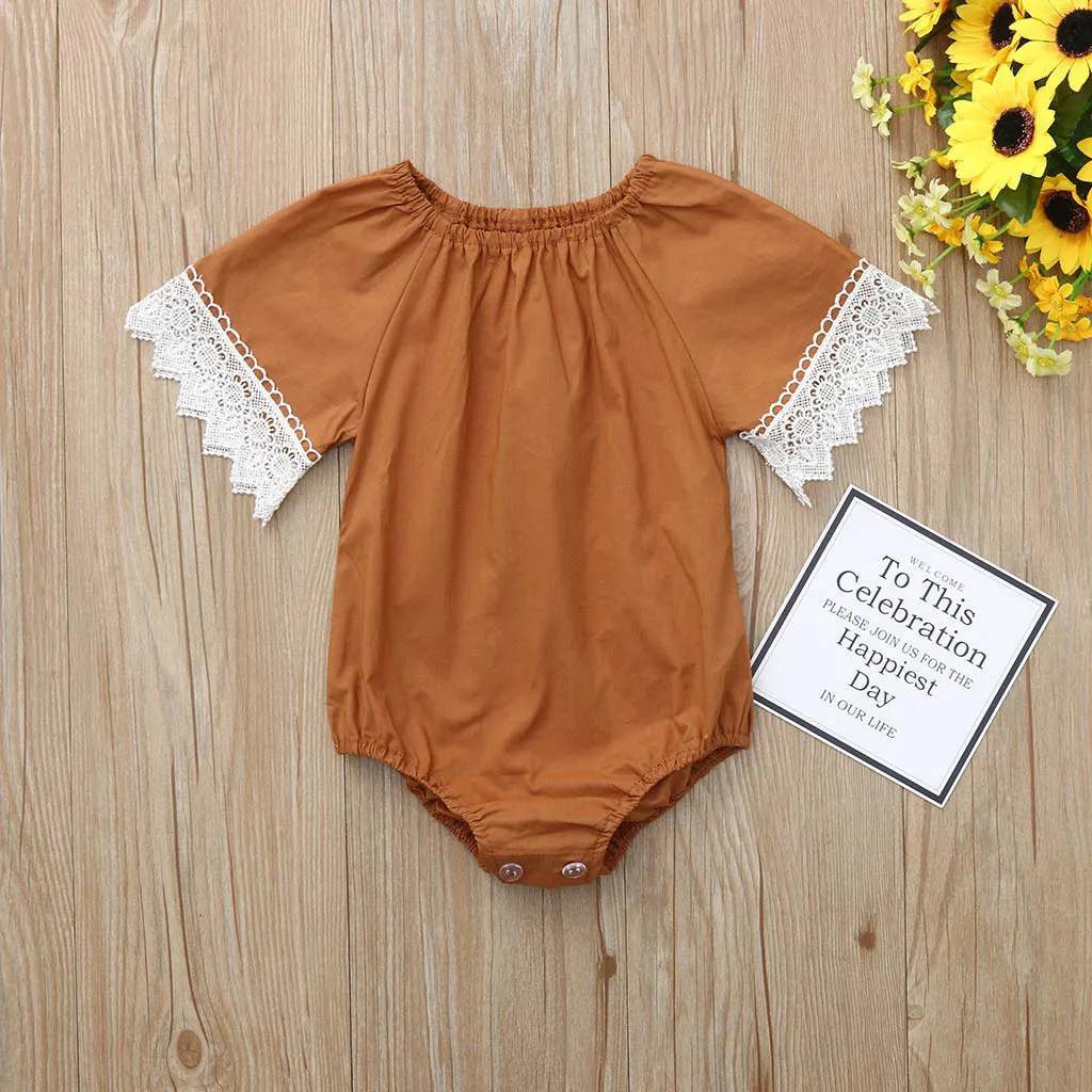Infant Baby Girls Short Sleeve Lace Solid Print Romper Clothes Rompers