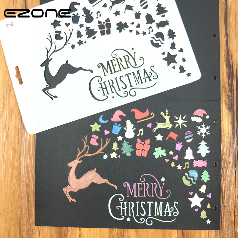 

EZONE 1PC Hollow Painting Ruler Elk Gift Christmas Tree Pattern Template Stamp Children DIY Drawing Tool Student Stationery