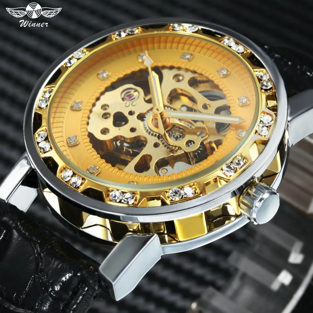 

WINNER 2018 Golden Auto Mechanical Watch Men Leather Strap Rhinestone Decoration Skeleton Mens Watches Top Brand Luxury relogio