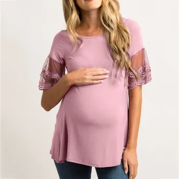 

Women's Maternity Blouse Short Sleeve Lace Mesh Tops Breastfeeding Nusring Maternity Clothes Ropa Maternal De Moda