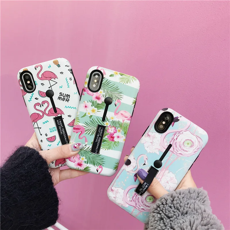 

QINUO Luxury Case For iPhoneX Cover Marble Flamingo Cute Ring Phone Cases For iPhone 7 6 6s 8 Plus Cover Hide Stand Holder Coque