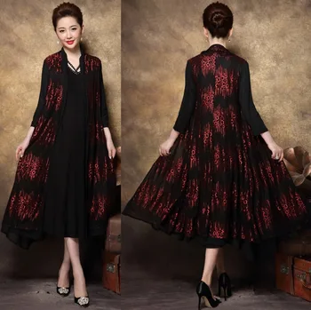 

2018 Autumn Middle Age Women Plus size Elegant party Dress twinset lace cardigan set party dress female long dress vestidosXXXXL