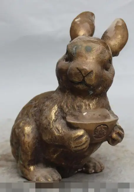 

S2278 10"Marked Chinese Bronze Folk Feng Shui Zodiac Year Animal YuanBao Rabbit Statue