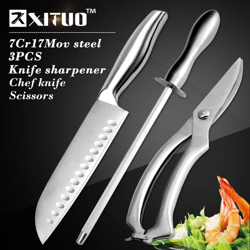 

XITUO 3PCS Messenset 7"Chef Knife Stainless Steel Filleting Chicken Bones Scissors Utility Knives Sharpening Stick Durable Tools