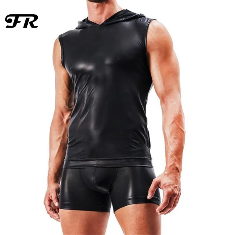FR Men's Faux Leather Hoodies Tank Tops,Men's Casual V Neck Fashion